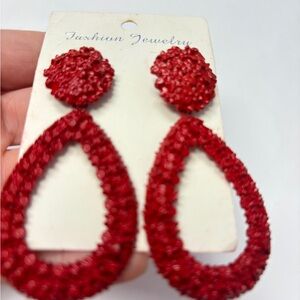 Fashion Jewelry Red Beaded Open Teardrop Dangle Earrings